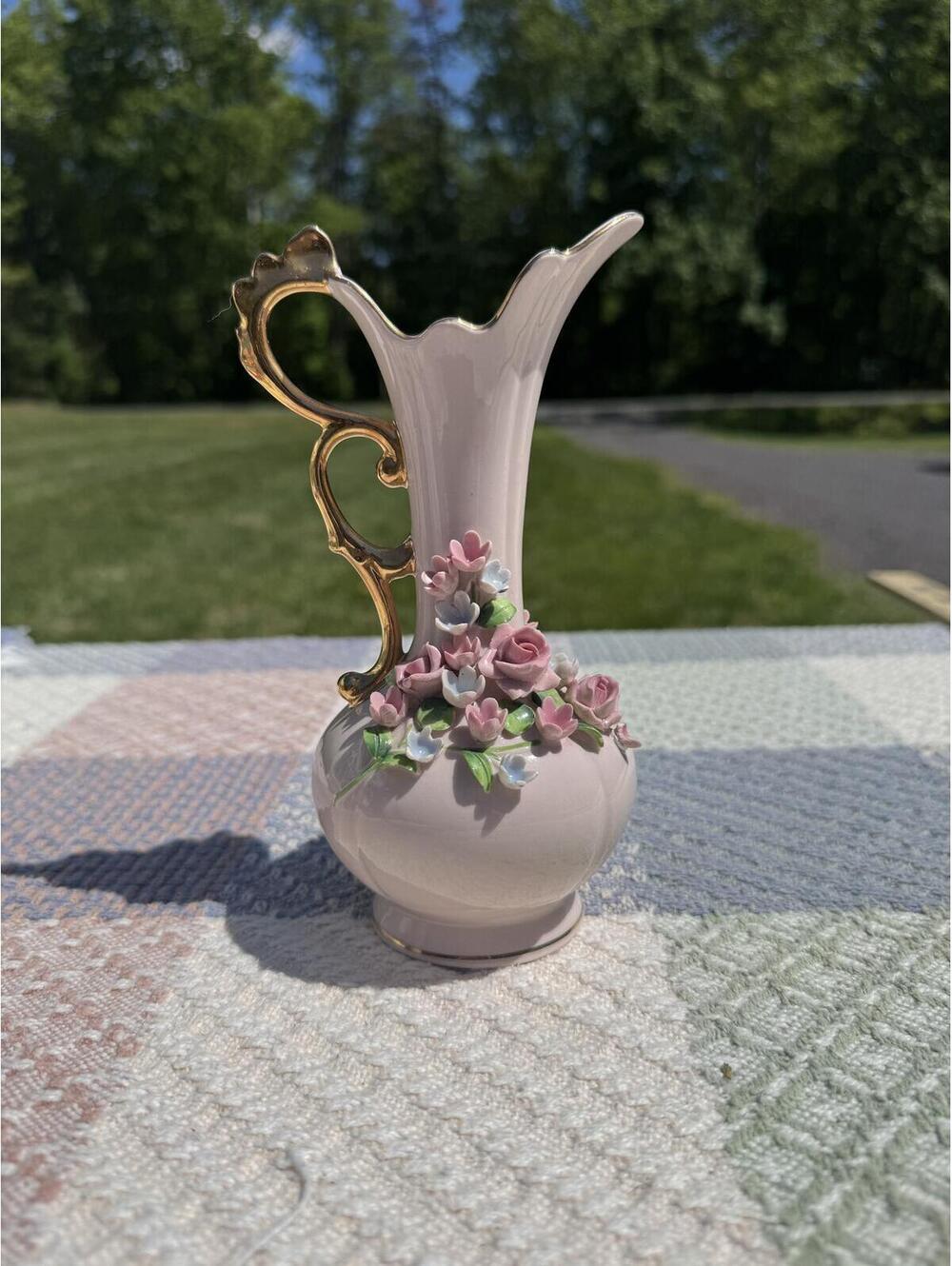 Vintage Lefton Porcelain Pitcher Vase with Floral and Gold Handle Accents
